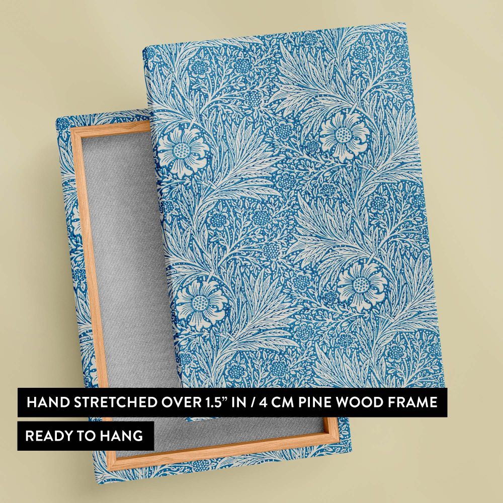 Stunning Marigold pattern from 1875 by William Morris featuring intricate blue and white floral details, ideal for decorating homes with vintage-inspired wall art that combines classic beauty with historical artistic significance.