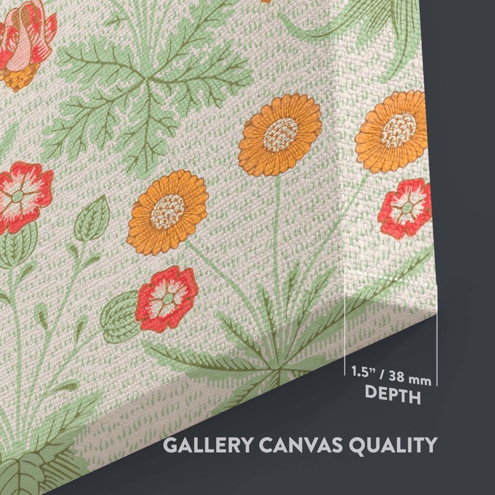 William Morris's iconic Daisy pattern from 1862 displayed on a canvas highlighting vibrant floral designs with natural elements, ideal for home decorators and art lovers seeking to incorporate timeless and elegant artwork into their interior styling.