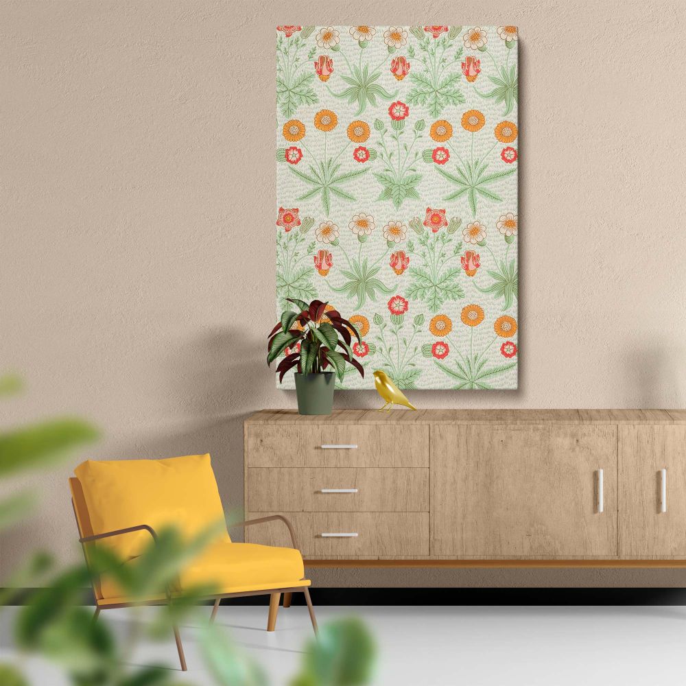 Artistic Daisy pattern by William Morris dating back to 1862 with vibrant floral elements and lush greenery on a pastel-toned background offering a vintage-inspired wall art piece for those who appreciate timeless patterns and historic artistic beauty.