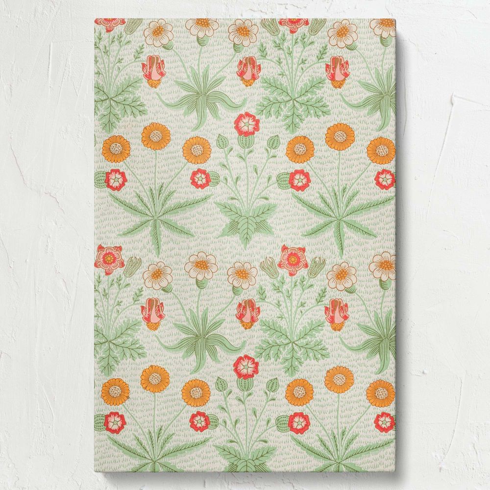 Canvas of William Morris Daisy pattern from 1862 with intricate floral motifs in yellow and red tones paired with lush green leaves, ideal for enhancing home interiors with a vintage-inspired botanical theme that celebrates timeless elegance and style.