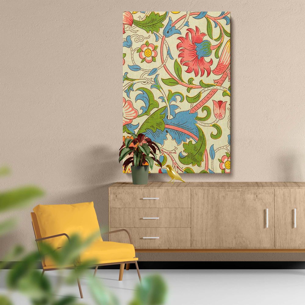 Captivating William Morris Lodden wall art with lush floral details, featuring curved stems, bold petals, and flowing leaves in pink, green, and blue, offering a vintage-inspired accent piece to add charm to contemporary or traditional living spaces.