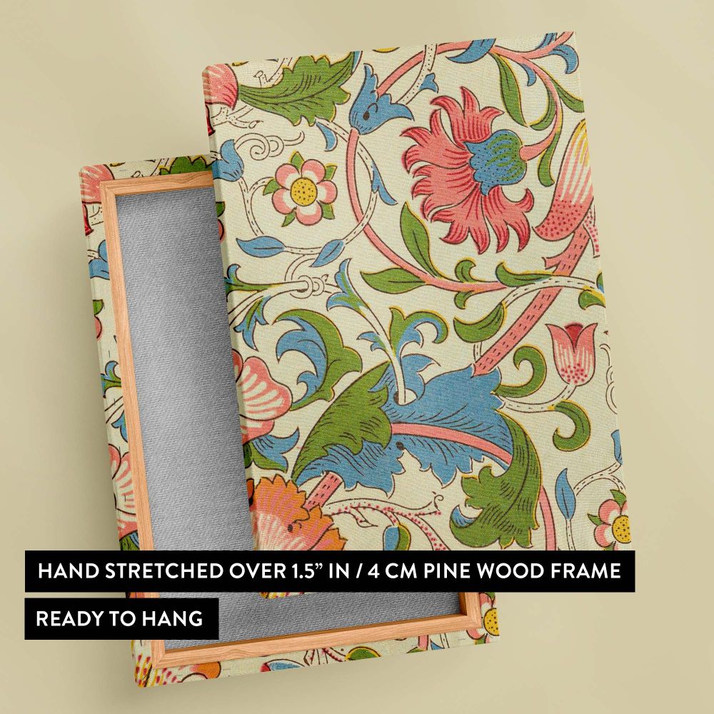 Exquisite floral William Morris Lodden design wall canvas from 1884, with sweeping green leaves and colorful pink and blue flowers, perfectly suited for creating a warm, elegant, and historically inspired atmosphere in living rooms or bedrooms.