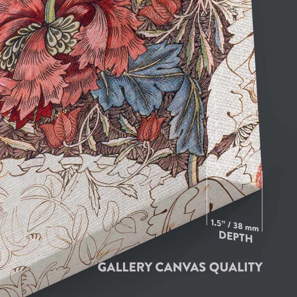 William Morris Honeysuckle floral artwork, designed in 1874, displays intricate botanical patterns with vivid red, green, and blue tones, creating a harmonious and elegant design ideal for refined interior spaces that appreciate Victorian-era beauty.