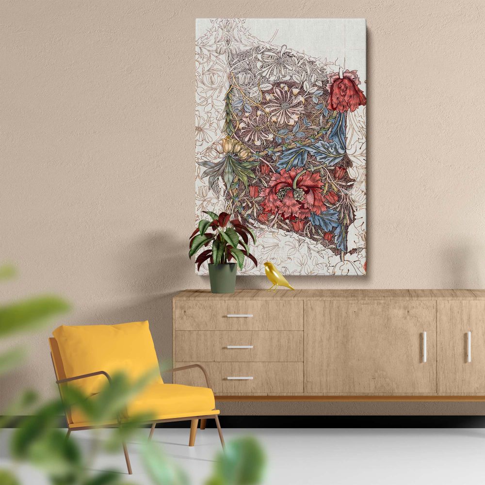 William Morris's iconic Honeysuckle artwork combines detailed floral patterns and Victorian craftsmanship, featuring delicate blossoms, leaves, and vines, creating a timeless design suitable for decor enthusiasts seeking vintage artistic inspiration.