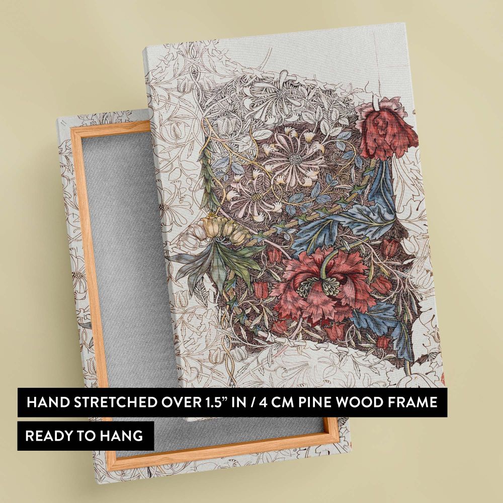A segment of William Morris's 1874 Honeysuckle pattern showcasing vibrant Victorian floral details, lush botanical illustrations, and intricate intertwining vines, reflecting a historic charm that enhances any home or office with artistic and classic soph