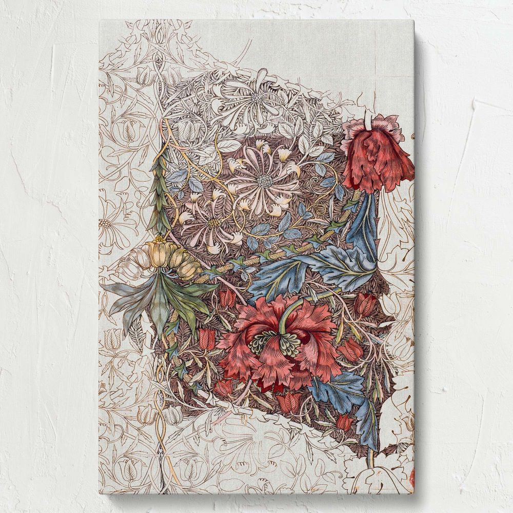Victorian Honeysuckle artwork by William Morris with stunning floral patterns and earthy tones, a historically rich design from 1874 that pairs vintage beauty with refined artistry, offering timeless style for elegant interior spaces or wall art enthusias