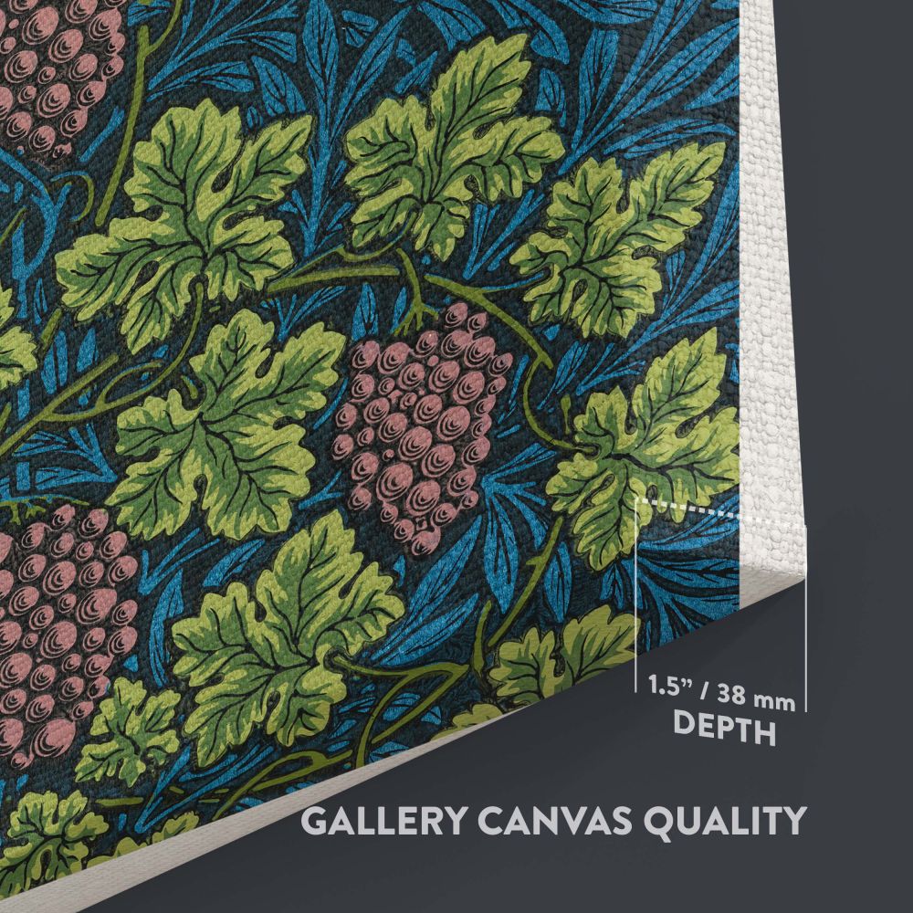William Morris's 1873 Vine pattern features meticulously drawn green grapevines, clusters of purple grapes, and rich blue leafy details, presenting a vintage floral design perfect for wall art, home interiors, fabrics, or digital art inspired by nature.