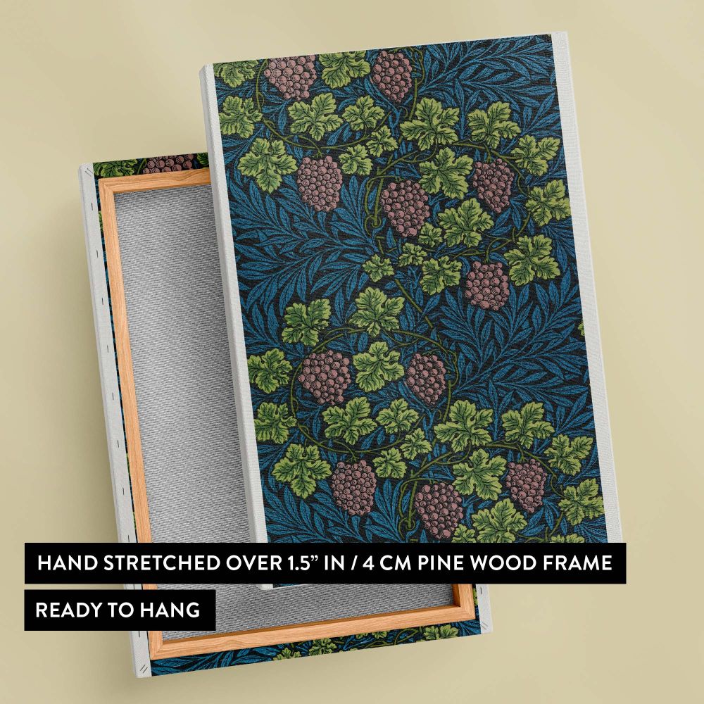 Classic William Morris Vine design (1873) showcasing intertwining grapevines, vivid green leaves, and rich purple grape clusters, detailed with a deep blue background, ideal for botanical art prints, home textiles, or nature-inspired wallpapers.