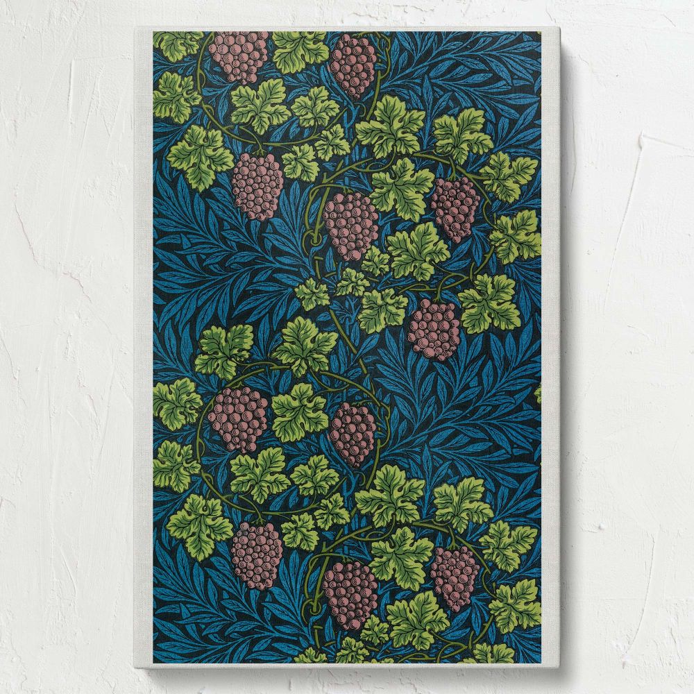 Vintage William Morris design Vine pattern created in 1873 with green grapevines, intricate leaves, and clusters of purple grapes overlaid on a blue backdrop, showcasing timeless botanical art ideal for wall decor, fabric patterns, and classic styling.