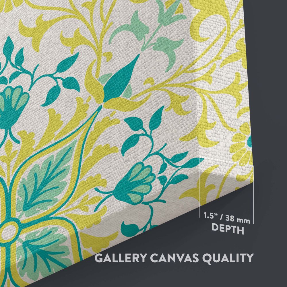 William Morris Vine pattern design created in 1873 with delicate green leaves, ornate teal floral motifs, and yellow vines set on a neutral background, ideal for timeless wallpaper art, fabric prints, and classic botanical-themed home decor projects.