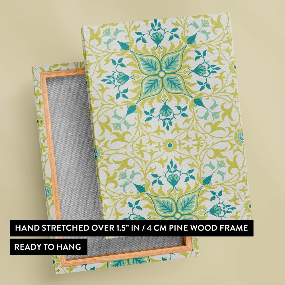 Iconic William Morris Vine design from 1873 featuring intertwining green vines, stylized teal floral motifs, and delicate yellow details on a neutral background, ideal for vintage wall decor, textile designs, and classic nature-inspired art.