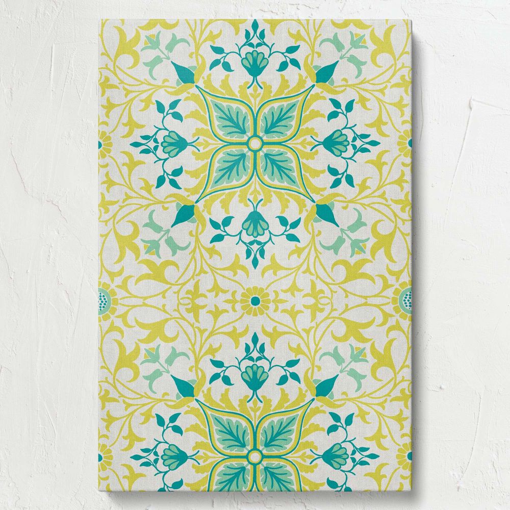 Detailed William Morris Vine wallpaper design from 1873, featuring botanical green leaves, teal floral elements, and yellow ornate vines arranged symmetrically for a timeless Arts and Crafts-inspired pattern ideal for wall art and home styling.