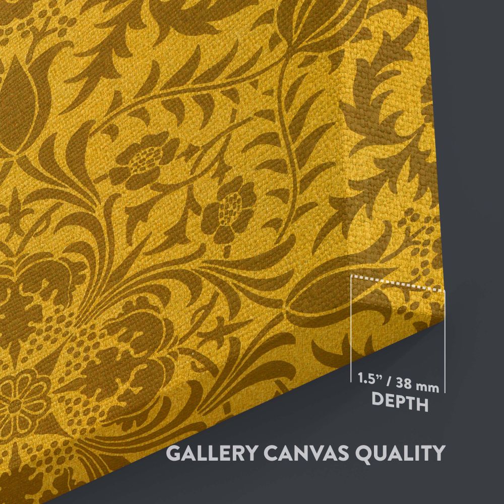 Luxurious wall canvas featuring the William Morris Vine 1873 pattern with golden yellow tones and brown floral details, a timeless decorative art piece for vintage-inspired homes, art enthusiasts, and botanical wall decor lovers.
