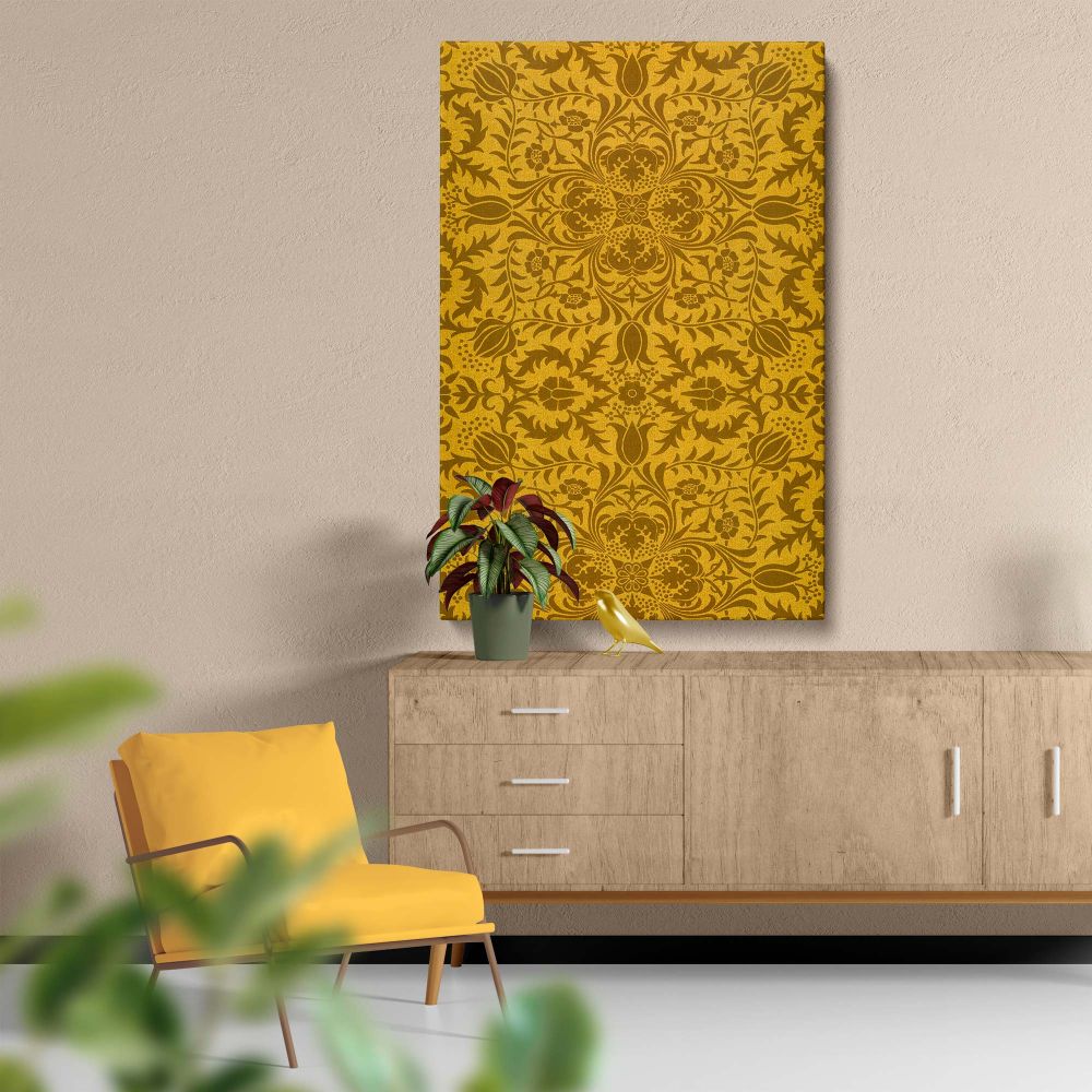 William Morris Vine wall canvas art print with golden and brown floral details, capturing the intricate beauty of 1873 vintage patterns, perfect for decorating modern and traditional spaces with a historic botanical theme.