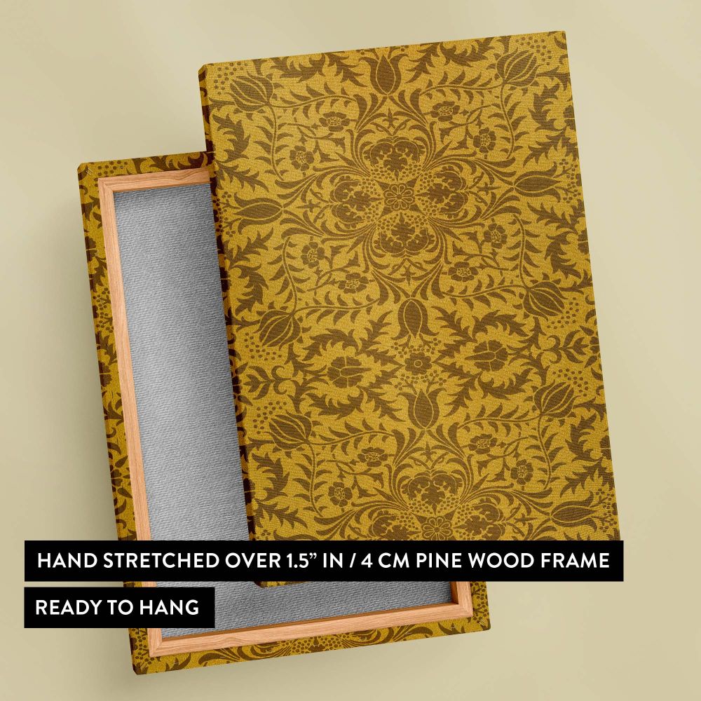 Timeless floral wall art with William Morris's Vine 1873 design, featuring golden yellow and brown hues, ideal for creating a warm, elegant vintage atmosphere in bedrooms, living spaces, or offices, and celebrating botanical craftsmanship.