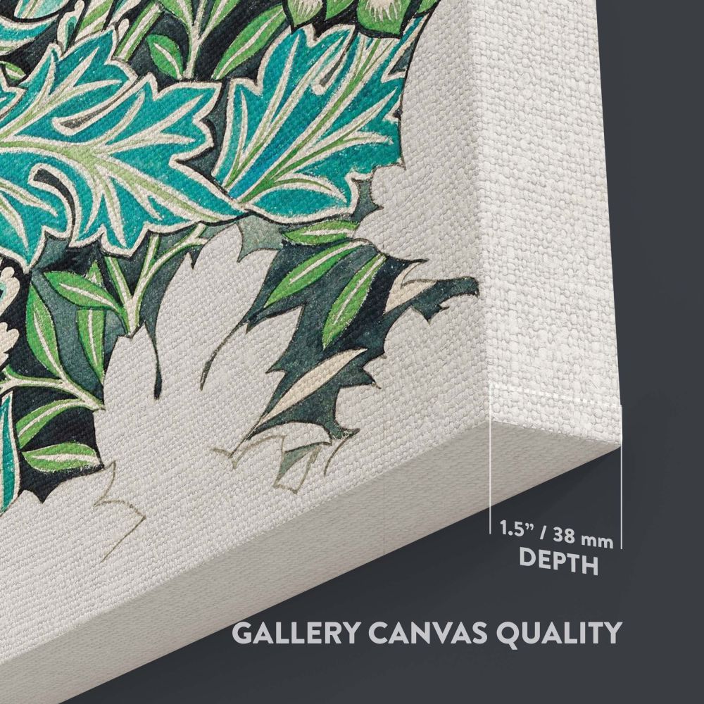 Historic William Morris 1876 Anemone fabric design wall art featuring detailed botanical patterns with vibrant green leaves and white flowers, a perfect blend of vintage style and timeless artistry for elegant home or office decor enthusiasts.