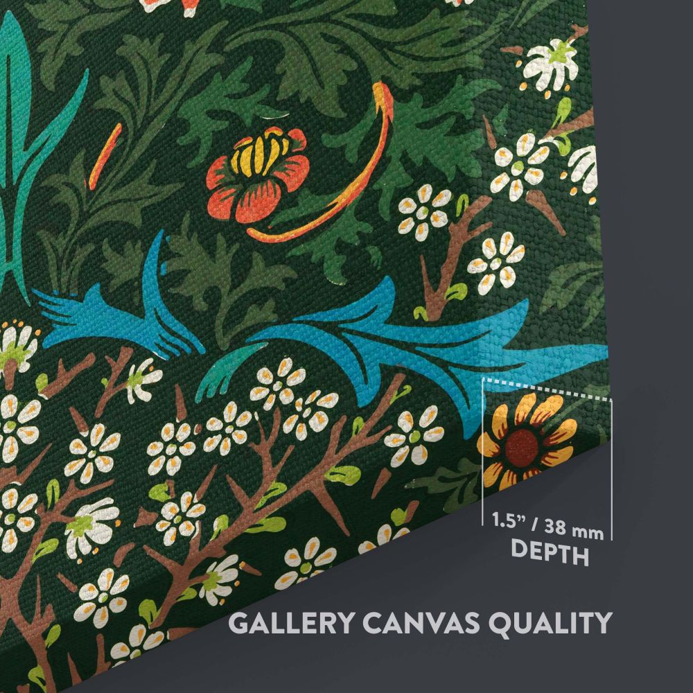Historical William Morris Tulip pattern showcasing ornate floral details with vibrant red tulips, delicate white blossoms, and lush green foliage, designed on a dark green canvas for vintage wall art, decor, or textile design lovers.