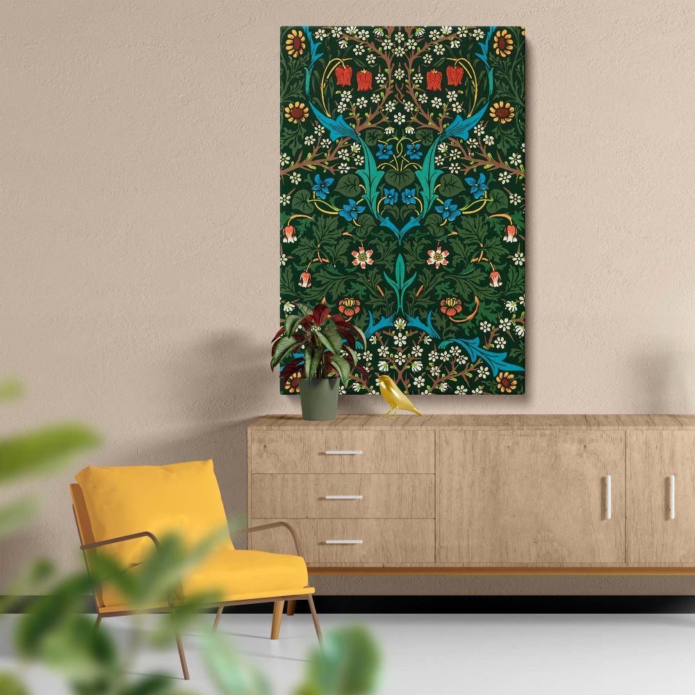 William Morris Tulip pattern canvas with intricate botanical motifs in red, blue, and yellow flowers on a green backdrop, a timeless vintage decor piece that celebrates the Arts and Crafts movement's artistry and the beauty of handcrafted design.