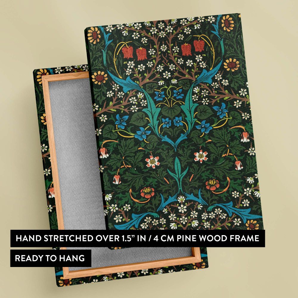 Elegant William Morris Tulip pattern designed with intricate botanical detailing of tulips, leaves, and floral accents on a rich dark green background, representing the timeless appeal of Arts and Crafts-inspired wall decor and textile patterns.