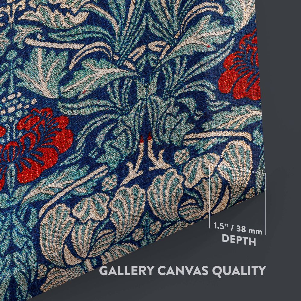 Iconic William Morris textile design Tulip and Rose showcasing elegant botanical motifs with red roses, golden tulips, and deep blue background, ideal for historical decor enthusiasts or those seeking classic floral wall art patterns.