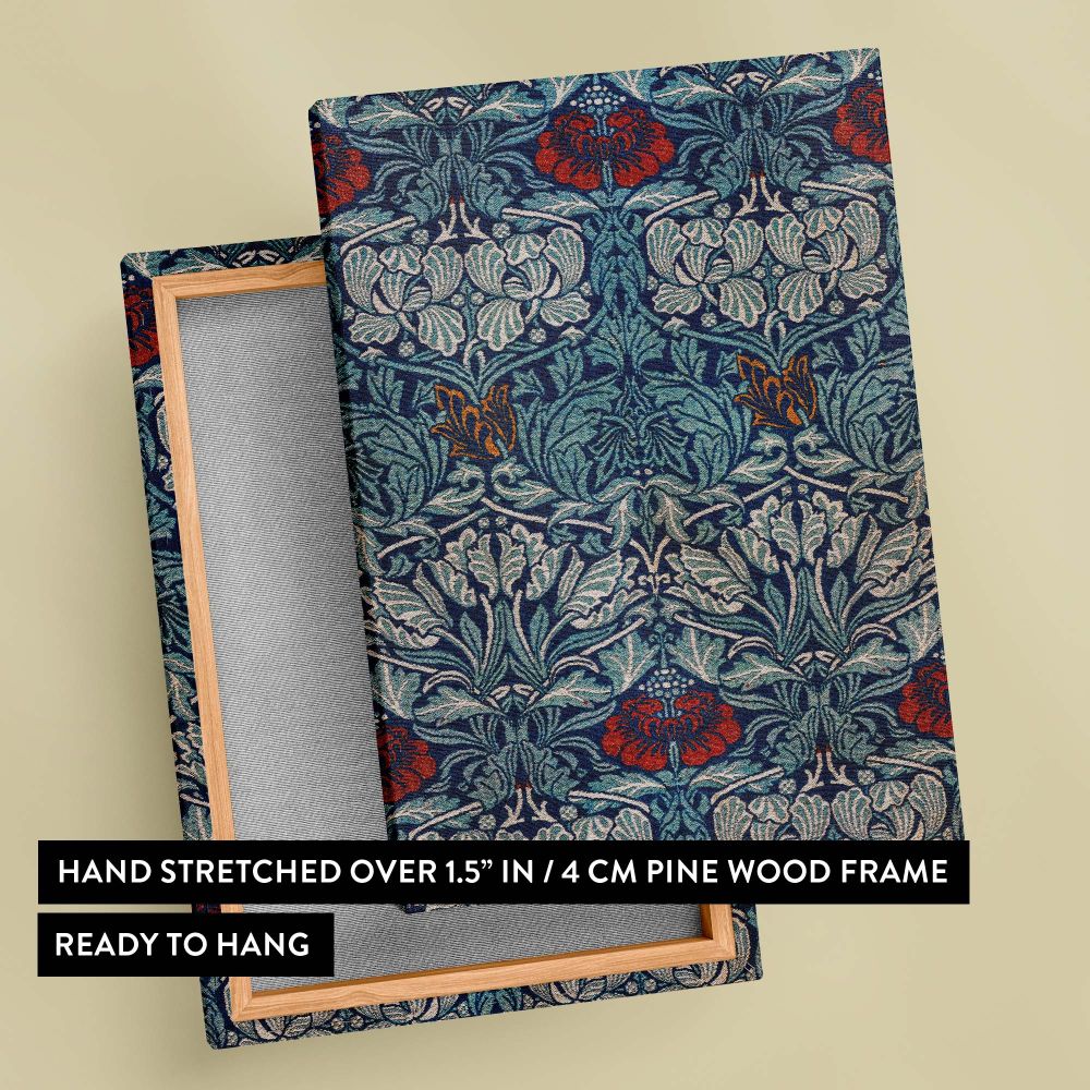 Elegant William Morris woven pattern Tulip and Rose featuring vintage floral designs with red flowers, golden tulips, and intertwining leaves on a deep blue fabric background perfect for classic wall art or textile decor enthusiasts.
