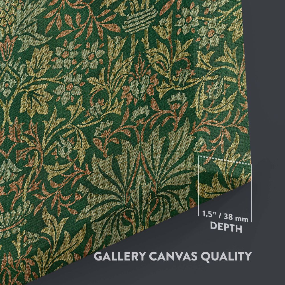 Iconic William Morris Flower Garden pattern displaying detailed floral arrangements, leafy motifs, and symmetrical designs in soothing green tones, perfect for classic textile art, vintage wall hangings, or elegant home decor themes inspired by nature.