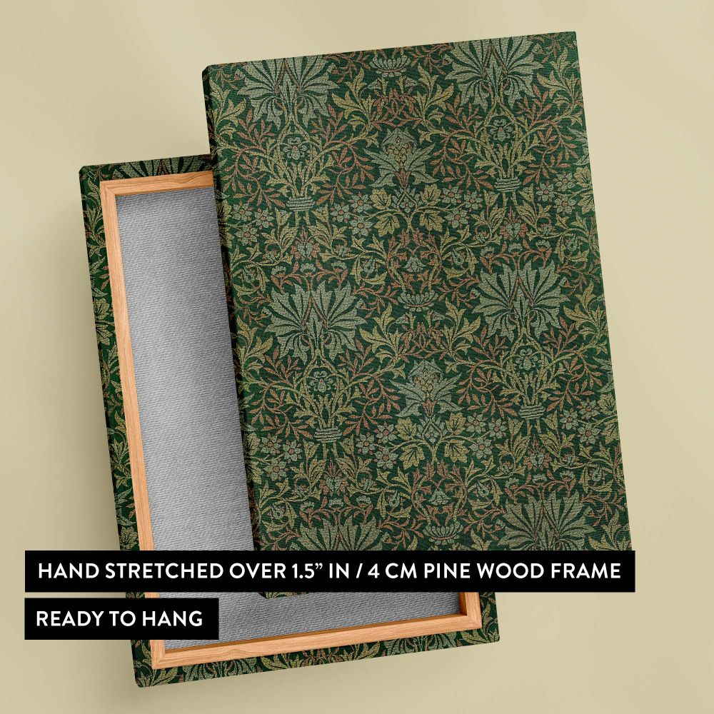 Detailed William Morris Flower Garden pattern with intertwining botanical elements, floral symmetry, and a calming green color palette, offering timeless elegance for vintage-inspired home decor, wallpaper, or textile design projects.