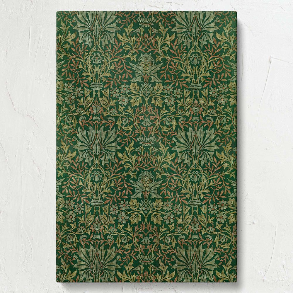 Arts and Crafts style William Morris Flower Garden pattern featuring repeating floral arrangements, detailed leaves, and intricate botanical motifs in green tones, ideal for classic wall art, vintage upholstery, or home decor inspiration.