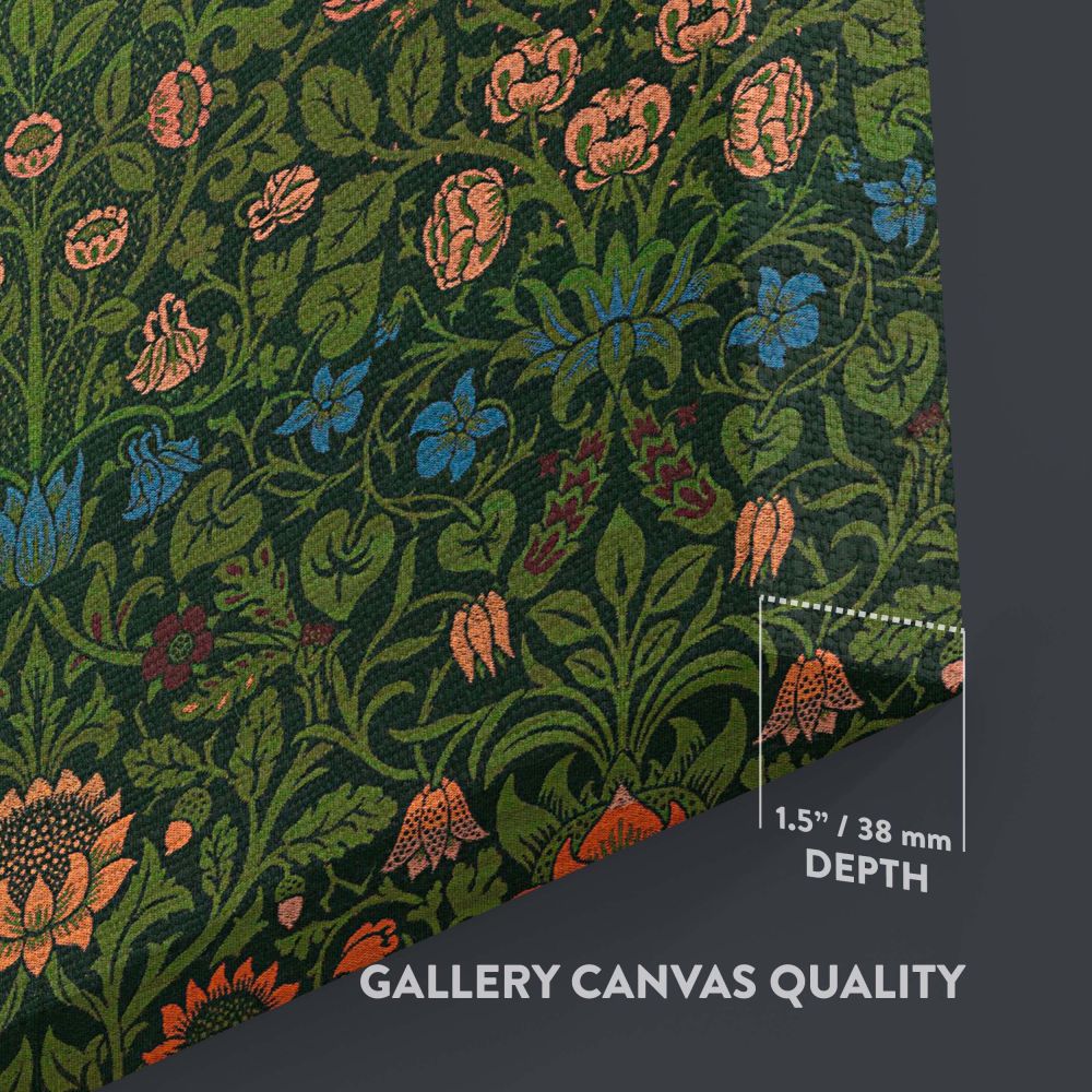 Historical William Morris Violet and Columbine floral design showcasing symmetrical botanical motifs, vibrant orange blossoms, delicate blue flowers, and a rich green background, perfect for vintage wallpaper, upholstery, or timeless textile art.