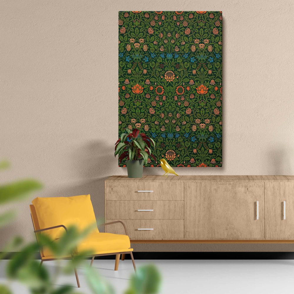 Arts and Crafts-inspired William Morris Violet and Columbine design with repeating floral patterns, intricate botanical details, and a lush green background accented by orange and blue flowers, perfect for vintage wall art or upholstery.