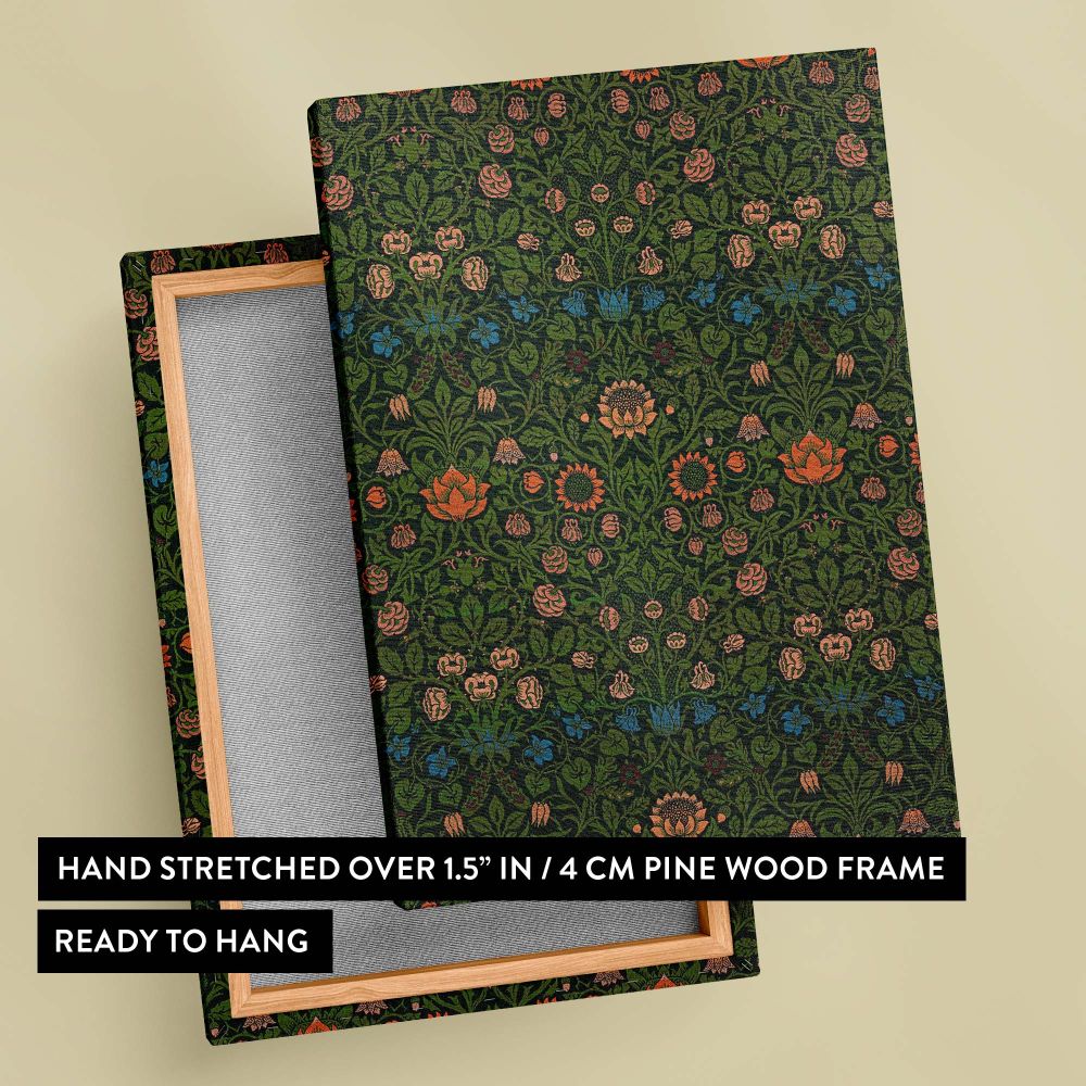 Iconic William Morris Violet and Columbine pattern displaying ornate floral motifs, intertwining leaves, and symmetrical botanical designs with vibrant orange flowers and calming green tones perfect for classic home decor or textile-inspired art projects.