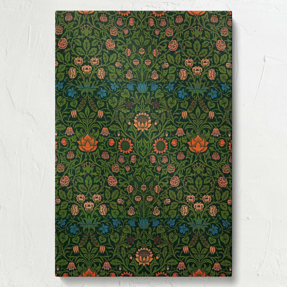 Detailed William Morris Violet and Columbine pattern featuring repeating botanical elements, vibrant orange and blue flowers, and lush green leaves arranged symmetrically, ideal for historical textile designs, wall art, or vintage upholstery projects.