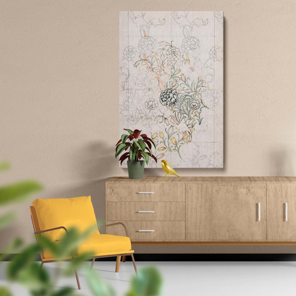 Timeless William Morris Wild Tulip design featuring botanical hand-drawn sketches with intertwining tulip flowers, green foliage, and yellow accents, capturing the essence of vintage textile art and historical Arts and Crafts Movement decor.