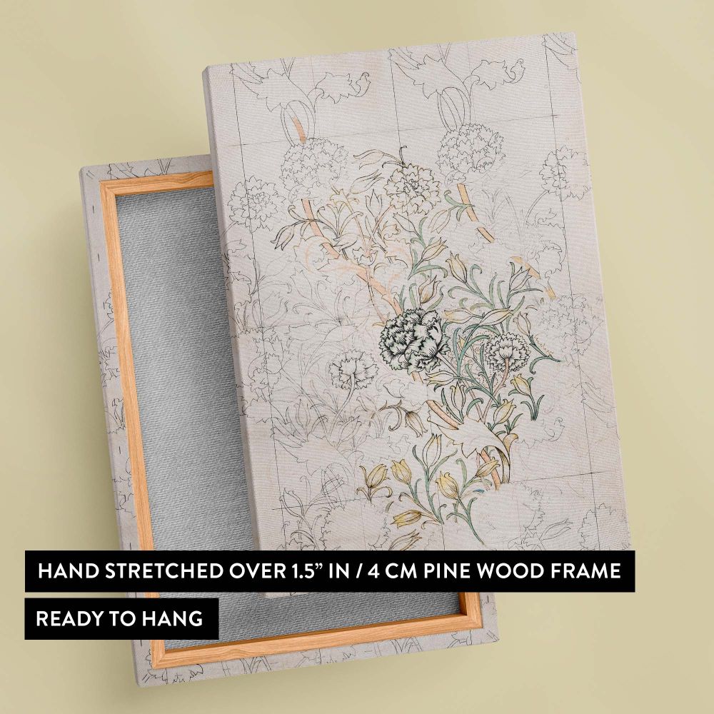 William Morris Wild Tulip pattern showing intricate floral linework with detailed green leaves, yellow tulip flowers, and botanical elements arranged symmetrically, ideal for vintage wallpaper, textile designs, or historical-inspired decor themes.