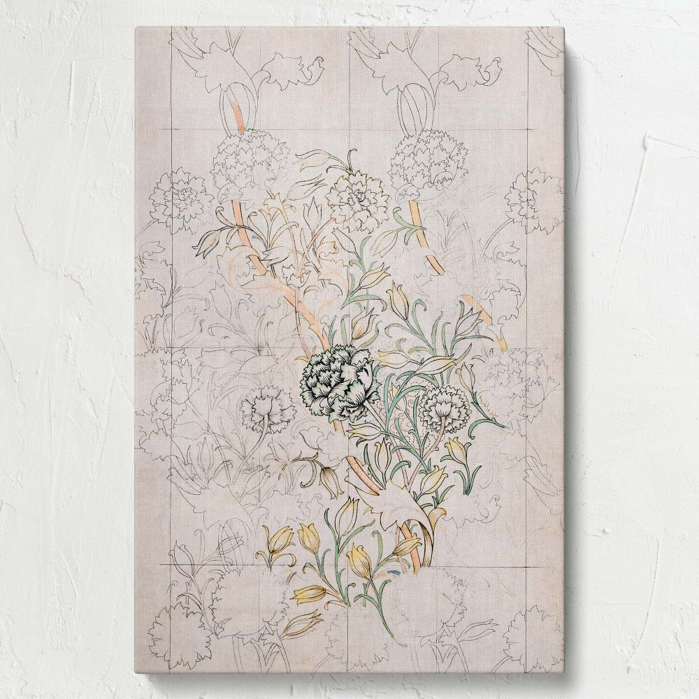 Arts and Crafts William Morris Wild Tulip design showcasing detailed hand-drawn floral sketches, yellow tulips, intertwining green leaves, and botanical motifs, reflecting the timeless beauty of historical textile art perfect for home decor projects.