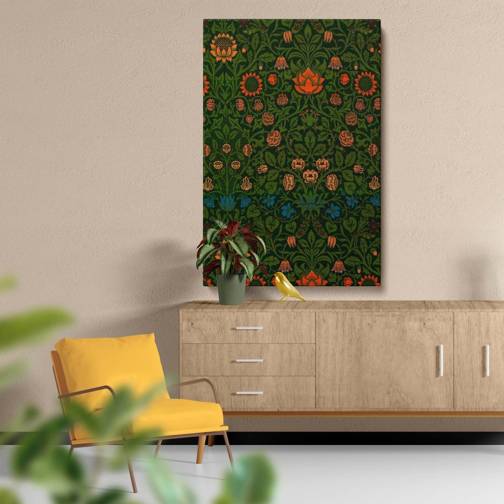 Arts and Crafts-inspired William Morris Violet and Columbine design highlighting elegant floral motifs, intertwining leaves, and symmetrical botanical patterns with orange and blue flowers on a deep green background perfect for historical decor themes.