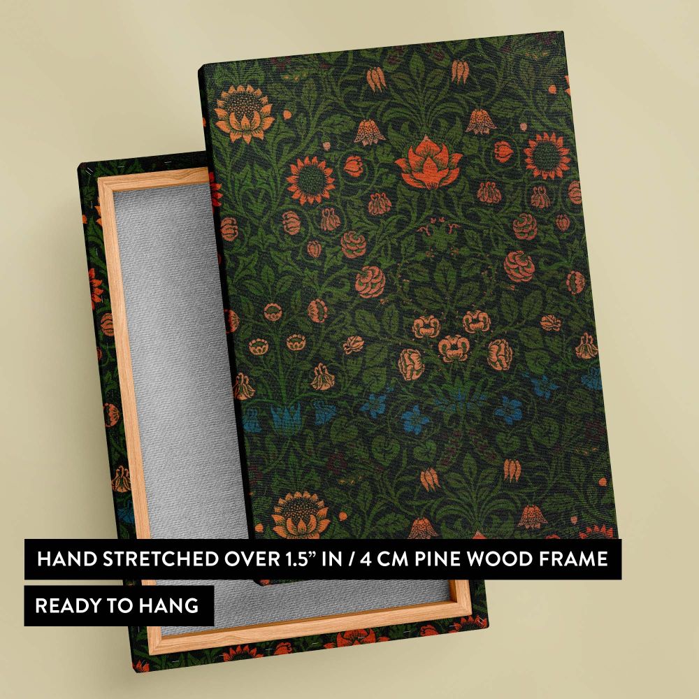 Elegant William Morris Violet and Columbine pattern showcasing ornate floral arrangements, lush green leaves, and vivid orange, pink, and blue flowers with symmetrical botanical patterns ideal for vintage wallpaper or home textile designs.