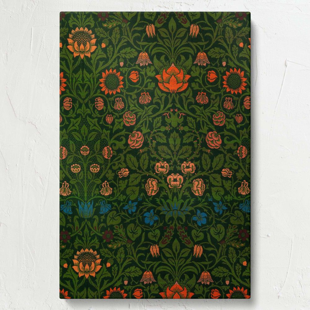 Iconic William Morris Violet and Columbine artwork featuring detailed floral designs with repeating botanical symmetry, intertwining green leaves, and vibrant orange flowers, reflecting timeless historical textile art for home decor.