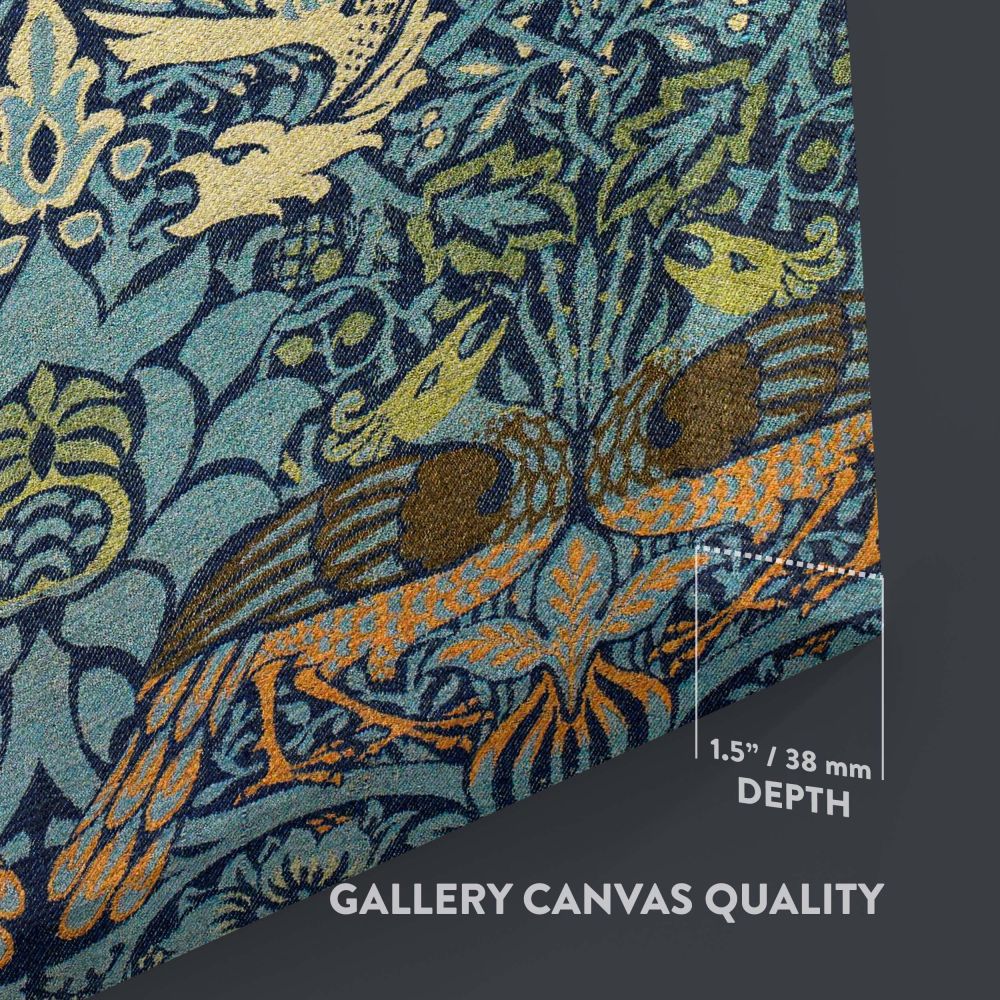 Iconic William Morris Peacock and Dragon pattern highlighting elegant woven motifs with mythical dragons, regal peacocks, and intertwining leaves in rich blue and golden hues perfect for home decor, upholstery, or classic wall art designs.