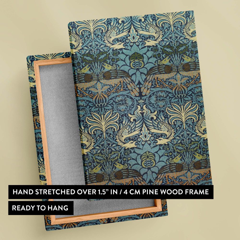 Elegant William Morris Peacock and Dragon pattern showcasing finely woven mythical motifs with dragons, peacock feathers, and detailed foliage arranged in symmetrical patterns, ideal for wallpaper, textile designs, or vintage decor enthusiasts.