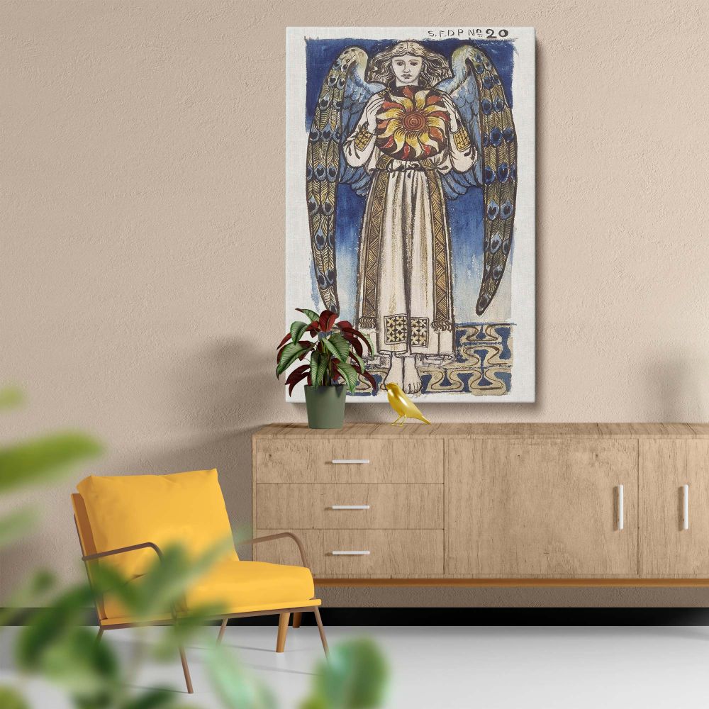 Iconic William Morris Day Angel Holding a Sun artwork displaying a tranquil angel with detailed blue and gold feathered wings, holding a radiant sun emblem set against a deep blue background perfect for classic home decor or vintage wall art lovers.