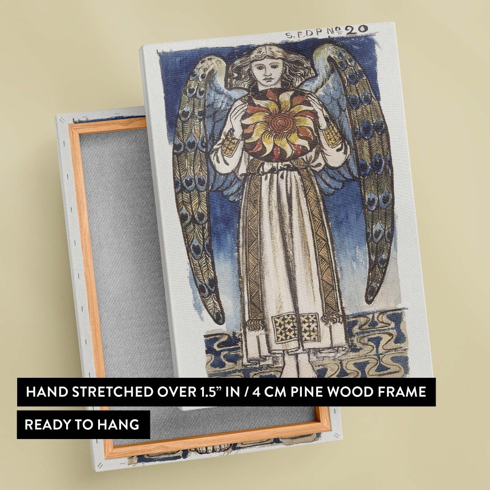 Elegant William Morris illustration titled Day Angel Holding a Sun featuring a celestial angel with detailed peacock feathered wings, golden sun design, and soft ivory robes reflecting historical Arts and Crafts Movement ideal for wall art decor.
