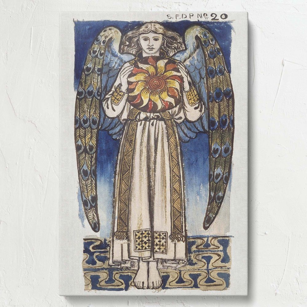 Arts and Crafts-inspired William Morris artwork Day Angel Holding a Sun showcasing a serene angel figure with outstretched peacock feather wings and a radiant sun motif ideal for vintage-inspired wall decor or classic art displays.