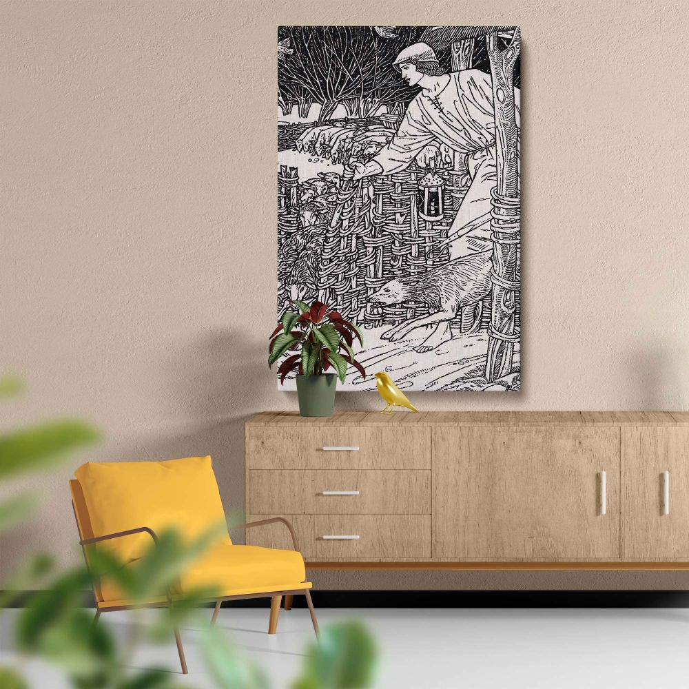 Arts and Crafts-style William Morris illustration from The Shepheardes Calender showing a detailed pastoral scene with a shepherd holding a lantern, sheep grazing, and a wolf prowling near woven fences perfect for vintage literary wall art.
