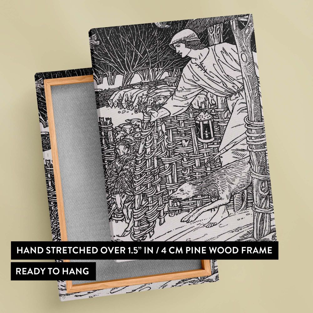 Elegant William Morris illustration from The Shepheardes Calender featuring a shepherd in a pastoral setting surrounded by sheep, woven fences, and a lurking wolf, showcasing fine historical detailing perfect for classic home decor or art collections.