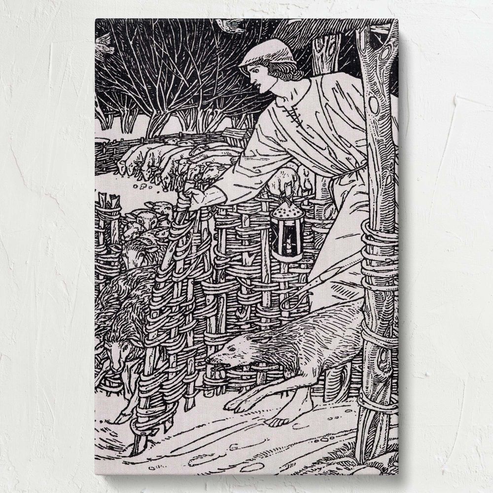 Iconic William Morris The Shepheardes Calender artwork depicting a detailed pastoral scene with a shepherd holding a lantern, sheep behind woven fences, and a wolf prowling nearby in intricate black and white line art perfect for historical wall decor.
