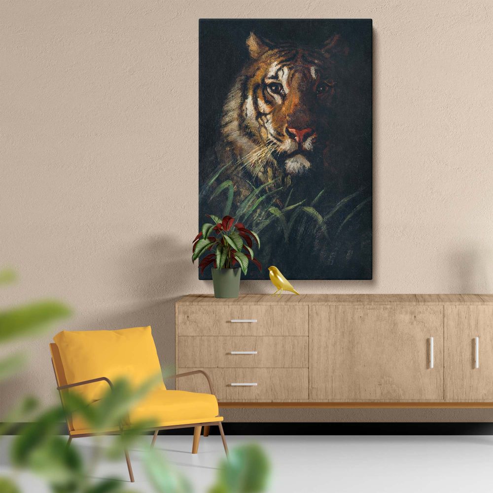 Tiger's Head painting by Abbott Handerson Thayer featuring a detailed tiger face, illuminated by soft light, with textured fur, intense eyes, and a moody dark background reflecting the strength and beauty of wildlife perfect for home decor or gallery disp