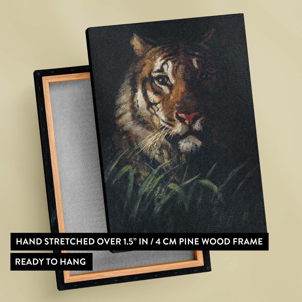 Majestic wildlife painting Tiger's Head by Abbott Handerson Thayer capturing the striking presence of a tiger with realistic fur details, glowing eyes, and a mysterious dark atmosphere ideal for vintage canvas wall art or classic decor projects.