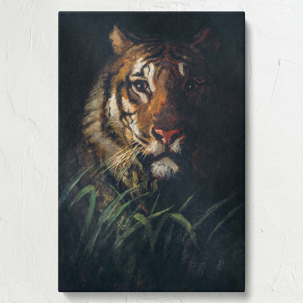 Abbott Handerson Thayer Tiger's Head portrait showing a tiger emerging from shadows with piercing eyes, intricate fur patterns, and deep contrast creating an atmospheric wildlife painting perfect for nature-inspired home decor or art collections.