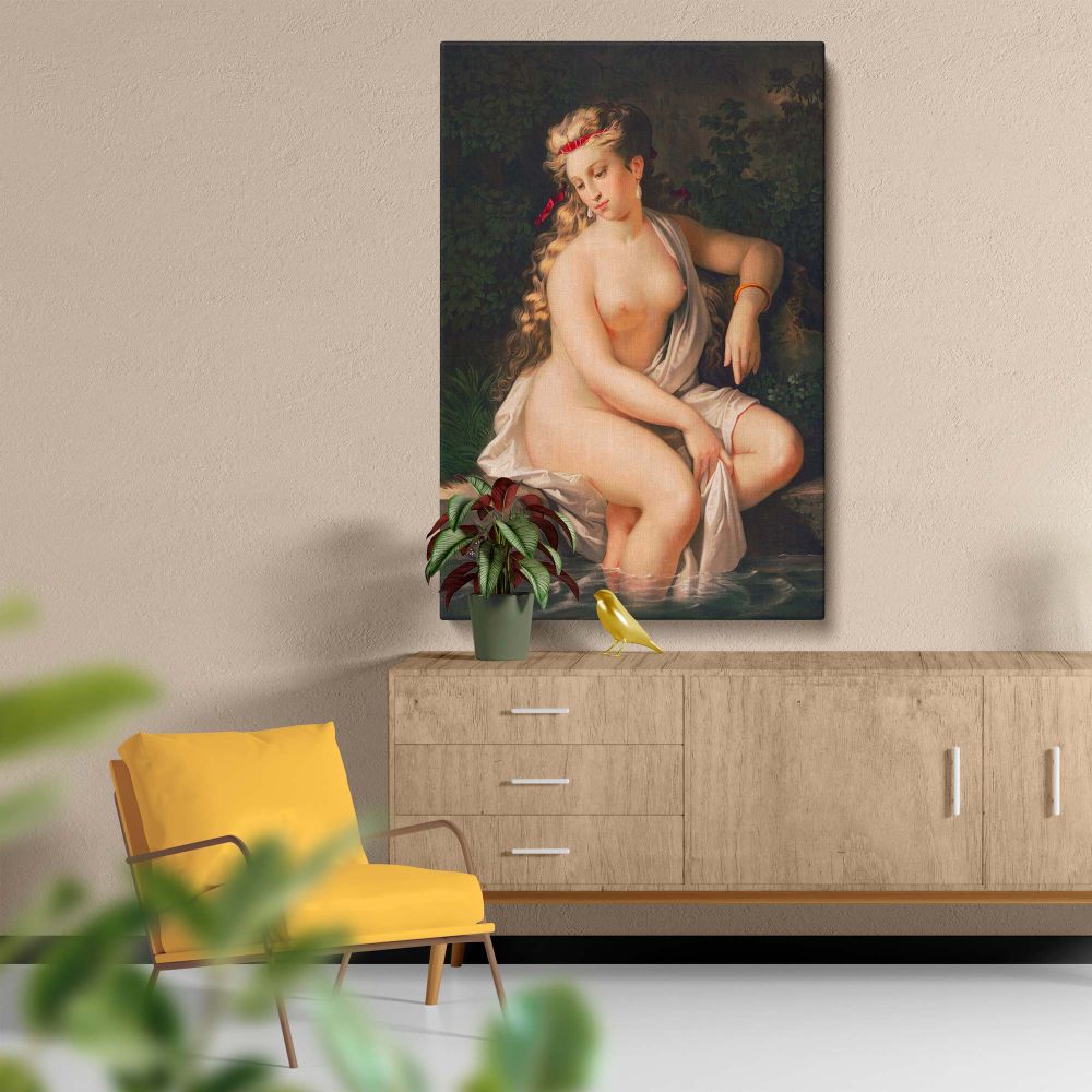 Elegant historical artwork Lady of the Lake featuring a delicate nude woman with golden hair, wearing flowing white fabric, sitting gracefully by a serene lake surrounded by rich green foliage and calm water, evoking timeless romantic beauty.